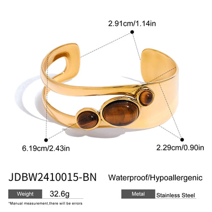 Uworld Vintage18k Gold Color Plated Stainless Steel Natural Stone Tiger Eye Stone Smooth Hollow Bracelet Women's Accessories Par